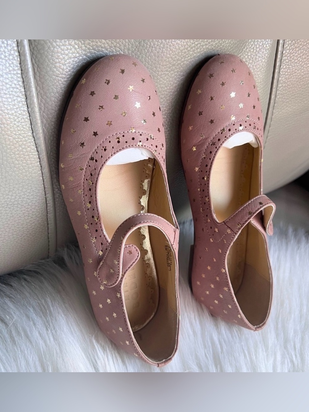 Mini Boden Girls Gold Star Leather Mary Janes Ballet Pink Sz 32 US 1 Wedding